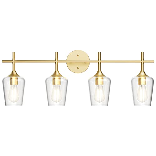 Ralbay 4-Lights Gold Vanity Light Fixture Vintage Gold Vanity Lights Wall Lighting Clear Glass Gold Bathroom Light Fixtures Over Mirror - color: Gold, size: 4-Light
