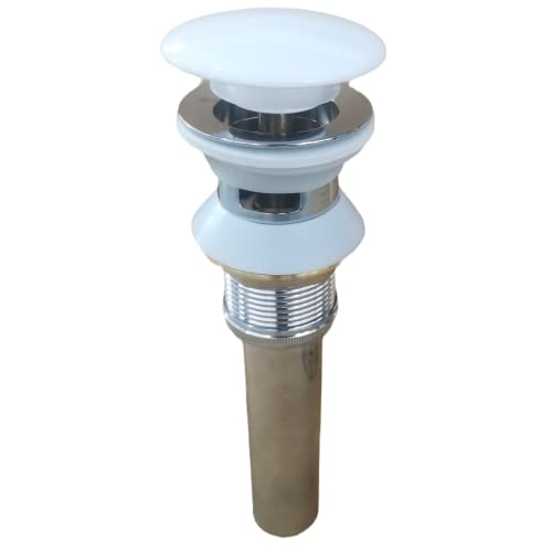 Universal Bathroom Sink Drain with Pop-Up,Overflow Hole,Ceramic White Cap & Stainless Steel Body - Easy to Install, Durable Copper Mesh Filter -Fits Standard Sink With Overflow White & Silver KINGWONG