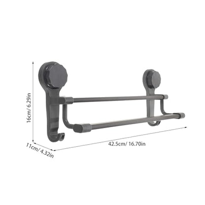 PRETYZOOM No Drill Suction Towel Bar Double Rod Wall Mounted Towel Rack with Hooks for Bathroom and Kitchen 16.73X6.29X4.33 Inch
