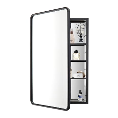 Black Bathroom Medicine Cabinet with Mirror 21 x 34 Metal Frame Recessed Or Wall Mounted Single Door Storage Medicine Cabinets with Adjustable Shelves Rounded Corner Beveled Mirrors - color: Matt Black, size: 21x34''