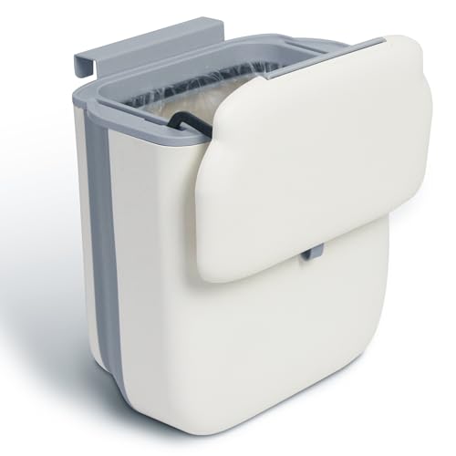 Soddeph 3.2Gal Collapsible Trash Bin with Lid | Hanging wall-mounted wastebasket for kitchen, under sink, RV. Collapsible, beige, space-saving