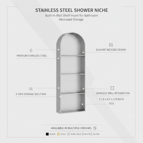 Recessed Shower Niche Stainless Steel, 11.8 x 4.7 x 3.9 Inch Arched Wall Shelf for Bathroom Storage, Rust-Resistant Built-in Insert (1 Pack) - color: Black
