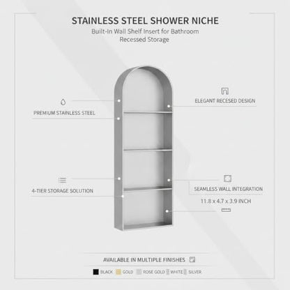 Recessed Shower Niche Stainless Steel, 11.8 x 4.7 x 3.9 Inch Arched Wall Shelf for Bathroom Storage, Rust-Resistant Built-in Insert (1 Pack) - color: Black