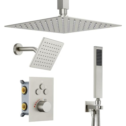 Thermostatic Dual Shower Head System, Brushed Nickel Shower Faucet | 12 Inch Ceiling Rainfall Shower, 6 Inch Wall Mount Head, High Pressure Handheld Sprayer, Push Button Valve - color: Brushed Nickel