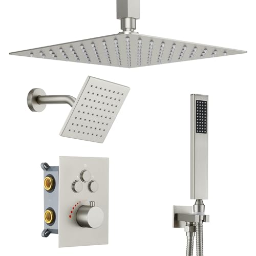 Thermostatic Dual Shower Head System, Brushed Nickel Shower Faucet | 12 Inch Ceiling Rainfall Shower, 6 Inch Wall Mount Head, High Pressure Handheld Sprayer, Push Button Valve - color: Brushed Nickel