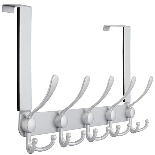Dseap Over The Door Hook Hanger - Fits 1 3/8" to 1 3/4" Standard Doors | 5 Tri Hooks Heavy Duty Towel/Coat Rack | Door Organizer for Clothes, Jackets, Hats, Towels, Silver - color: Silver