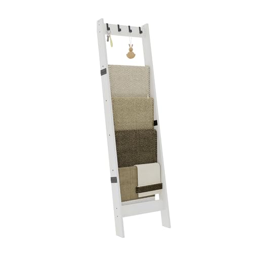 TRIFEBLE 6 Tier Blanket Ladder Shelf for Living Room and Bedroom, Ladder Holder with 4 Metal Hooks, 5.2ft Blanket Quilt Holder Rack, Farmhouse Ladder Rack for Storage and Home Decor, White