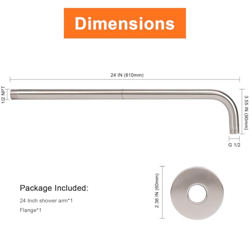 Shower Arm with Flange and Teflon Tape, Wall Mounted Shower Pipe 304 Stainless Steel Extension Arm for Fixed Shower Head & Handheld (24 Inch, Brushed Nickel) - color: Brushed Nickel, style: 24 Inch