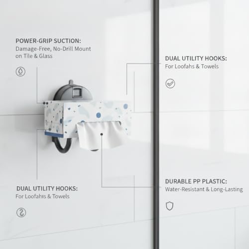 Suction Cup Tissue Box Holder for Bathroom, Wall Mount Dispenser with Double Hooks for Tile & Glass, No Drilling Required (Gray/White) - color: Gray