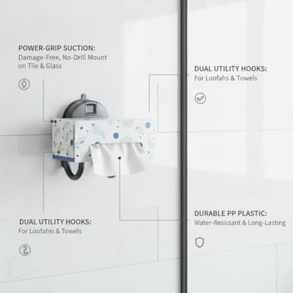 Suction Cup Tissue Box Holder for Bathroom, Wall Mount Dispenser with Double Hooks for Tile & Glass, No Drilling Required (Gray/White) - color: Gray