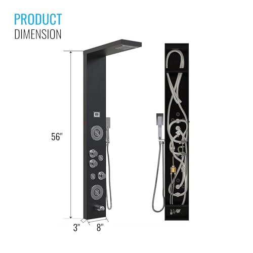55 in. 6-Jet Stainless Steel Matte Black Shower Panel System w/Fixed LED Rainfall & Waterfall Showerhead, Temp Display, Tub Spout & Handheld Luxury Wall Mount Bathroom Tower