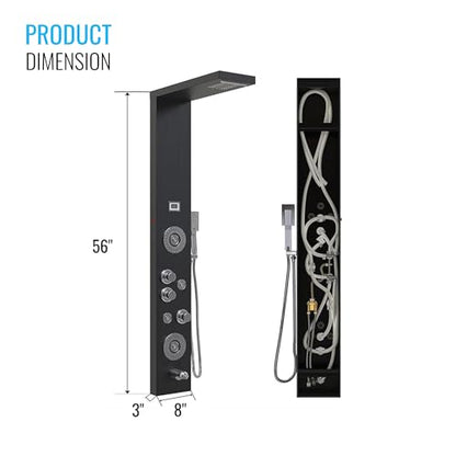 55 in. 6-Jet Stainless Steel Matte Black Shower Panel System w/Fixed LED Rainfall & Waterfall Showerhead, Temp Display, Tub Spout & Handheld Luxury Wall Mount Bathroom Tower