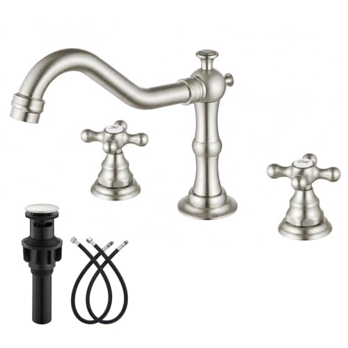 gotonovo Bathroom Faucet 3 Hole 8 Inch Widespread Bathroom Sink Faucet 2 Cross Handles Vintage Lavatory Vanity Mixer Tap with Pop Up Drain, Round Font Label, Brushed Nickel - color: Brushed Nickel, style: Round Font Label