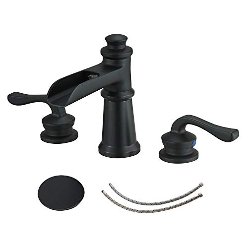 BWE Widespread Bathroom Faucet 3 Holes Matte Black with Pop Up Drain Assembly and Supply Hose Waterfall Black Two-Handle 8-16 inch Bathroom Faucet Lavatory Basin Mixer Tap - color: Black