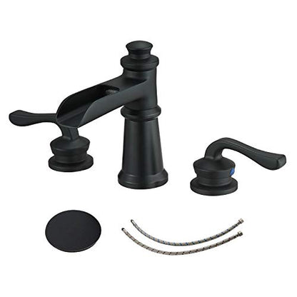 BWE Widespread Bathroom Faucet 3 Holes Matte Black with Pop Up Drain Assembly and Supply Hose Waterfall Black Two-Handle 8-16 inch Bathroom Faucet Lavatory Basin Mixer Tap - color: Black