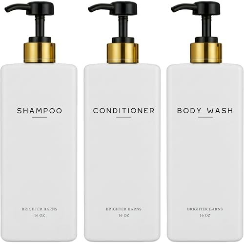 White Shampoo and Conditioner Dispenser Set by Brighter Barns - Refillable Shampoo and Conditioner Bottles - Reusable Shower Soap Dispenser in Hotel, Gold Bathroom, Guest House, Modern Airbnb (White) - color: White