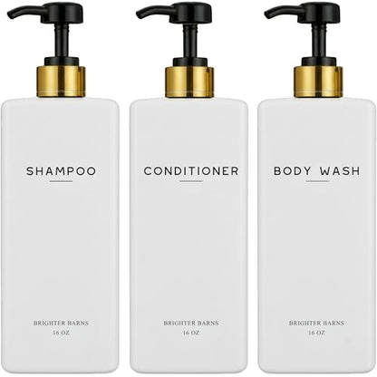 White Shampoo and Conditioner Dispenser Set by Brighter Barns - Refillable Shampoo and Conditioner Bottles - Reusable Shower Soap Dispenser in Hotel, Gold Bathroom, Guest House, Modern Airbnb (White) - color: White