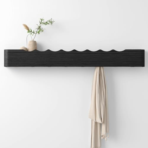 Coat Rack Wall Mount with Hidden Hooks, Wall Hooks with Shelf, Wall Key Holder Mount Wooden Shelf Entryway Hooks for Bedroom Bathroom for Hanging Coats Hats Bags Towels (Black Wave-Shape, 8 Hooks) - color: Black Wave-Shape, size: 8 Hooks