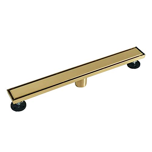 Neodrain 24" Gold Linear Shower Drain,2-in-1 Flat& Tile Insert Cover | 304 Stainless Steel,Fast Drainage, Durable,Rectangle Shower Floor Drain with Adjustable Feet,Hair Strainer,Fits Bathrooms - color: Golden, size: 24 In