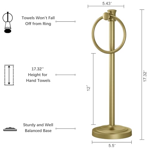 Hoimpro Hand Towel Holder Free Standing Towel Bar Brushed Gold | Hanging Floor Hand Towel Rack Ring, for Bathroom Kitchen Vanity Countertops, Hardware Accessories SUS 304 Heavy-Duty Base - color: Gold