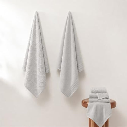 Modern Threads 6 Piece Cotton Bath Towel Set – Ultra Soft 550 GSM Towels – Bathroom Set with Hand Towels and Washcloths – Geometric (Silver Cloud) - color: Silver Cloud, style: Geometric