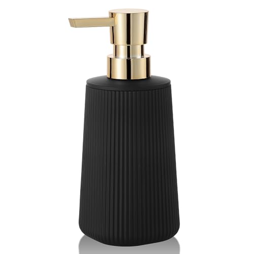 YAUKPH Small Soap Dispenser for Bathroom and Kitchen Matte Black and Gold | Modern Farmhouse Striped Style Plastic Hand Soap Dish Soap Dispenser with Pump - color: Black and Gold