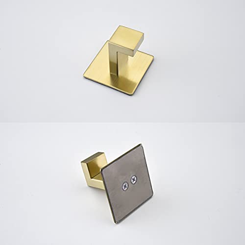 Flybath 2PCS Towel Hooks Self Adhesive SUS 304 Stainless Steel Brushed Gold | Square, No Drill, Strong Hold, Rustproof, Wall Mount, Stylish Coat Robe Shower Hook For Hanging, Kitchen Bathroom Accessories - color: Brushed Gold