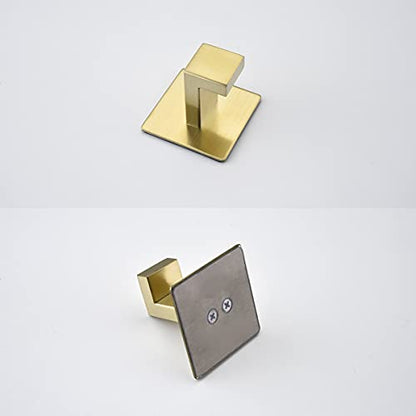 Flybath 2PCS Towel Hooks Self Adhesive SUS 304 Stainless Steel Brushed Gold | Square, No Drill, Strong Hold, Rustproof, Wall Mount, Stylish Coat Robe Shower Hook For Hanging, Kitchen Bathroom Accessories - color: Brushed Gold