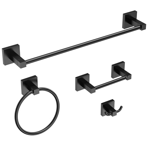 RUACQ Bathroom Accessories, 4-Piece Towel Racks for Bathroom Hardware Set | Matte Black, 18" Towel Bar & Toilet Paper Holder & Towel Ring & Towel Hook, Wall Mounted, 304 Stainless Steel, Square Base - color: Matte Black, size: 4pcs