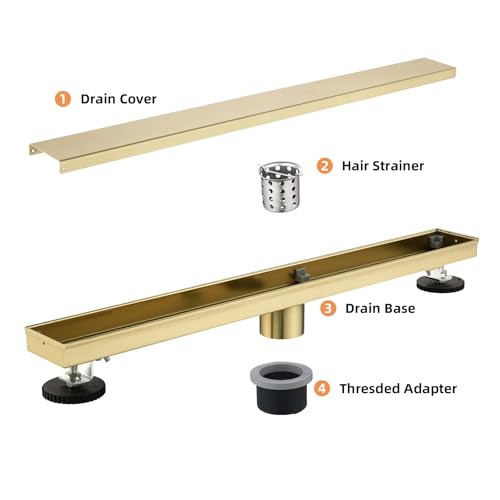 Linear Shower Drain ，with Tile Insert Panels ，12 Inch Brushed Gold 304 Stainless Steel Rectangle Shower Floor Drain，with Hair Catcher, Adjustable Feet - color: Brushed Gold, size: 12inch
