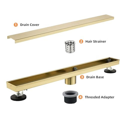 Linear Shower Drain ，with Tile Insert Panels ，12 Inch Brushed Gold 304 Stainless Steel Rectangle Shower Floor Drain，with Hair Catcher, Adjustable Feet - color: Brushed Gold, size: 12inch