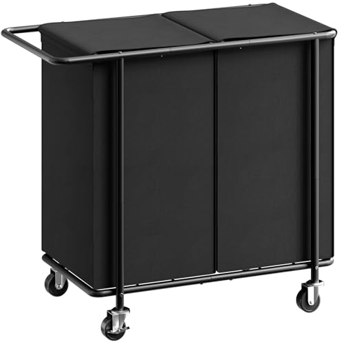 Double Laundry Hamper with Wheels & Lid, 200L Large Rolling Laundry Basket | Chrislley Sturdy Metal Laundry Cart 2 Section with Long Handle and Removable Bags,Dirty Clothes Hamper for Laundry Room,Black - color: Black, size: 200L(29.7"L x 16.9"W x 33.1"H)