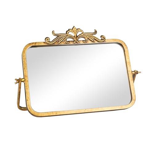 Small Vintage Mirror, 7.9" L x 11.8" W Antique Gold Desk Mirror | Carved Frame Rectangle Vanity Table Decor Mirrors, 360° Adjustable Rotation Makeup Standing Mirrors for Tabletop, Bathroom - color: Antique Gold-rectangular Carved