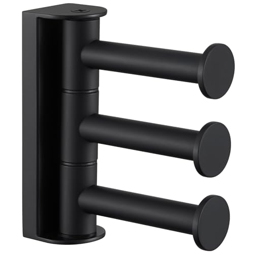 Suyar Bathroom Towel Hook Matte Black, Swivel Robe Holder 3 Arms, Wall Hook | SUS304 Stainless Steel, Screw Mount - color: Matte Black, size: 1 Pack