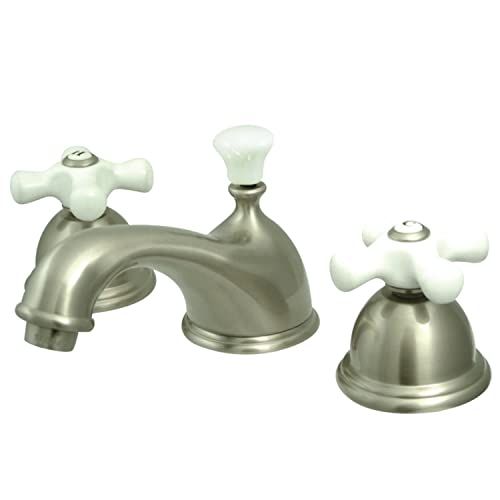 Kingston Brass KS3968PX Restoration Widespread Lavatory Faucet with Porcelain Cross Handle, Brushed Nickel - color: Brushed Nickel