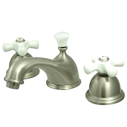 Kingston Brass KS3968PX Restoration Widespread Lavatory Faucet with Porcelain Cross Handle, Brushed Nickel - color: Brushed Nickel