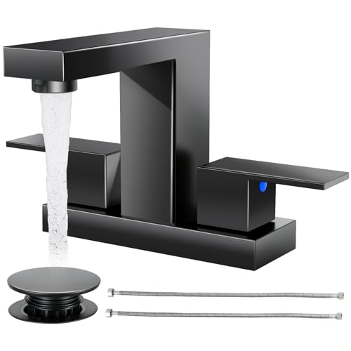 Cobbe Bathroom Faucets for Sink 3 Hole, Matte Black Bathroom Sink Faucet Square 4 Inch Centerset with Pop-Up Drain, 2 Handle and 2 Supply Hoses, Lead-Free Stainless Steel for Vanity, Rv, Farmhouse - color: Black-2, size: 4 Inch Centerset