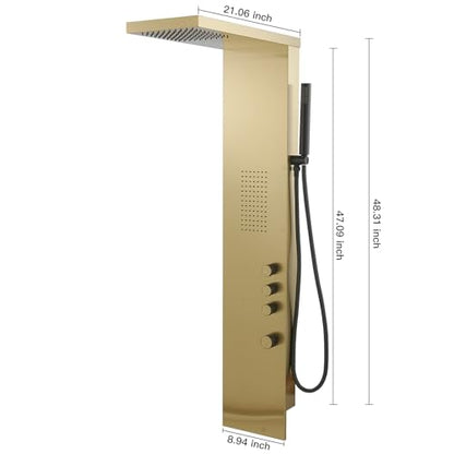 BWE 3 IN 1 Shower Panel Stainless Steel Shower Panel Tower System | Rainfall Shower Head with Handheld Shower and Rain Massage Body Jets Wall Mount Shower System,Brushed Gold - color: Brushed Gold