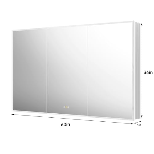 Recessed Medicine Cabinet with Mirror 60"x36" Medicine Cabinet Mirror | Lighted Medicine Cabinet, Bathroom Medicine Cabinet with Mirror, Adjustable Shelves, Defogger, Outlets, USB, Dimmable - size: 60x36 Inch-Recessed