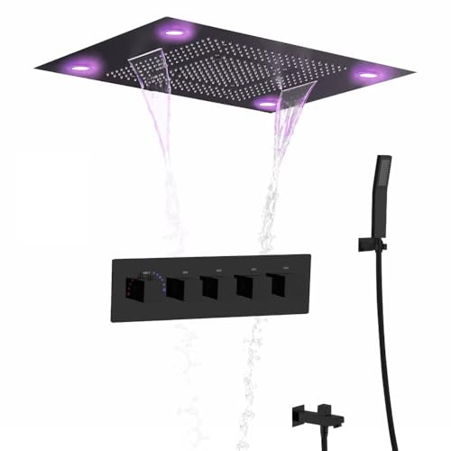 Cascada Classic Design 31 Inch (600mmx800mm) Large Rain Shower Set with Waterfall LED Rectangle recessed ceiling-mount 4 Function shower head (Matt Black) - color: Matt Black