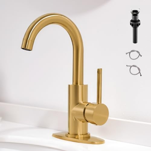 Gold Bathroom Faucets - Single Hole Waterfall Vanity Sink Faucet with Drain Assembly, Brushed Gold Waterfall Bathroom Faucets 360° Swivel Spout Vanity Faucet Single Handle Lavatory Faucets - color: Brass Gold