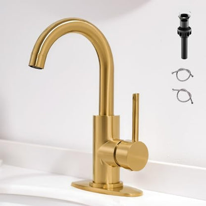 Gold Bathroom Faucets - Single Hole Waterfall Vanity Sink Faucet with Drain Assembly, Brushed Gold Waterfall Bathroom Faucets 360° Swivel Spout Vanity Faucet Single Handle Lavatory Faucets - color: Brass Gold