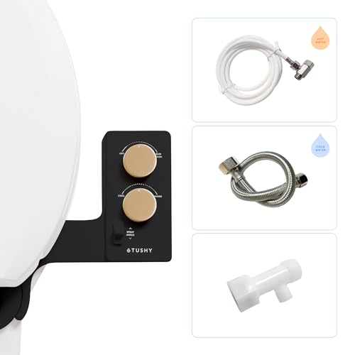 TUSHY Spa 3.0 Cool to Warm Water Bidet Attachment, Noir/Gold | Universal Fit, Easy Install, Self-Cleaning, Adjustable Pressure and Angle Control, Sink Access Required Within 6 Feet - color: Black/gold, style: Warm Water Optional