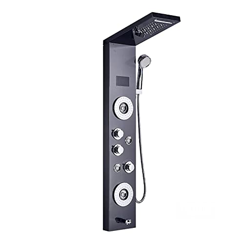 Led Shower Panel Tower System Digital Display Shower Column Thermostatic Shower Panel System, Shower System with Shower Head, Handheld Shower, Body Jets, Tub Spout,Black,Black - color: Black
