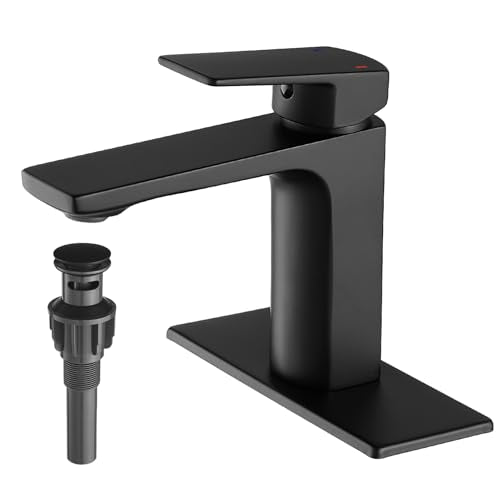 GENBONS Black Bathroom Faucets 1 Hole Single Handle Bathroom Sink Faucet with Pop-up Drain and 3 Hole Sink Deck Plate Rv Lavatory Vessel Faucet Basin Mixer Tap - color: Matte Black