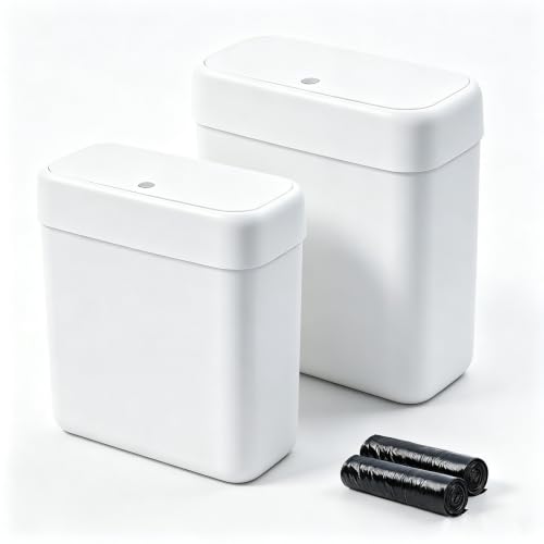 funest 2 Pack Bathroom Trash Can with Lid, 3 Gal/12 L & 2.7 Gal/10L Garbage Can with Pop-Up Lid, Small Spaces Plastic Trash Can, Slim Trash Bin Waste Basket for Bathroom,Rv, Office, White - size: 2 Pack (3 Gallon + 2.7 Gallon)