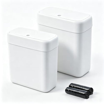 funest 2 Pack Bathroom Trash Can with Lid, 3 Gal/12 L & 2.7 Gal/10L Garbage Can with Pop-Up Lid, Small Spaces Plastic Trash Can, Slim Trash Bin Waste Basket for Bathroom,Rv, Office, White - size: 2 Pack (3 Gallon + 2.7 Gallon)