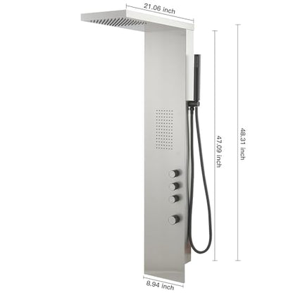 Shower Panel Tower System, Brushed Nickel | Stainless Steel, Multifunction Shower Tower System, Bathroom Rainfall Shower Head Hand Shower and Large Area Body Spray - color: Brushed Nickel, style: 3 IN 1 Shower Panel