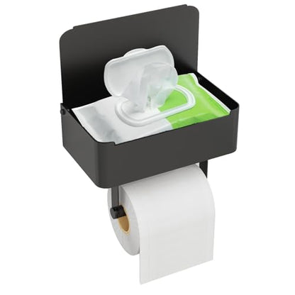 JUYSON Toilet Paper Holder with Shelf, Flushable Wipes Dispenser Fits for Bathroom Wipe Storage, Keep Your Wipes Hidden Out of Sight - SUS304 Stainless Steel Wall Mount Organizer (Matte Black) - color: Black