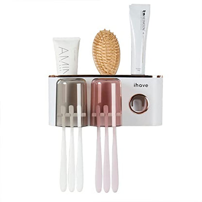 iHave Toothbrush Holders for Bathrooms Wall Mounted with Dispenser & 2 Cups | 6 Slots Wall Mount Toothbrush Holders for Bathrooms with Squeeze Toothpaste Dispenser, 2 Cups & 2 Compartments Organizer - color: White 2 Cups